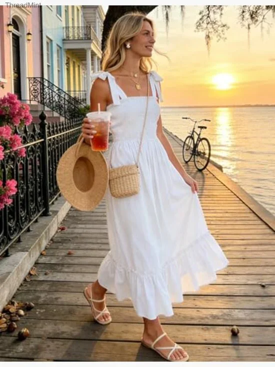 Boho Spaghetti Strap Square Neck Ruffle Maxi Dress Summer Beach - Picture 6 of 7